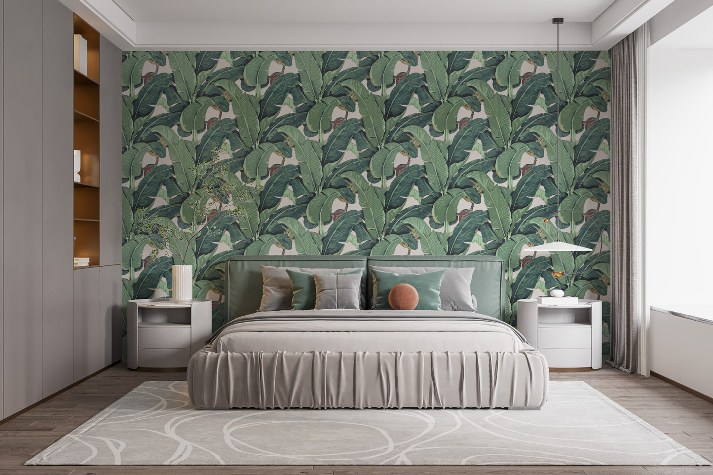 Green botanical banana leaves mural decor