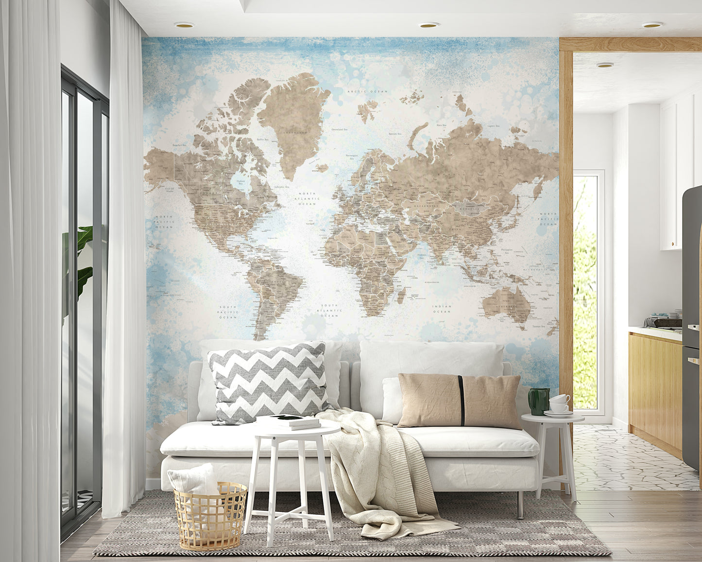 Calm and airy map mural in sky blue and beige
