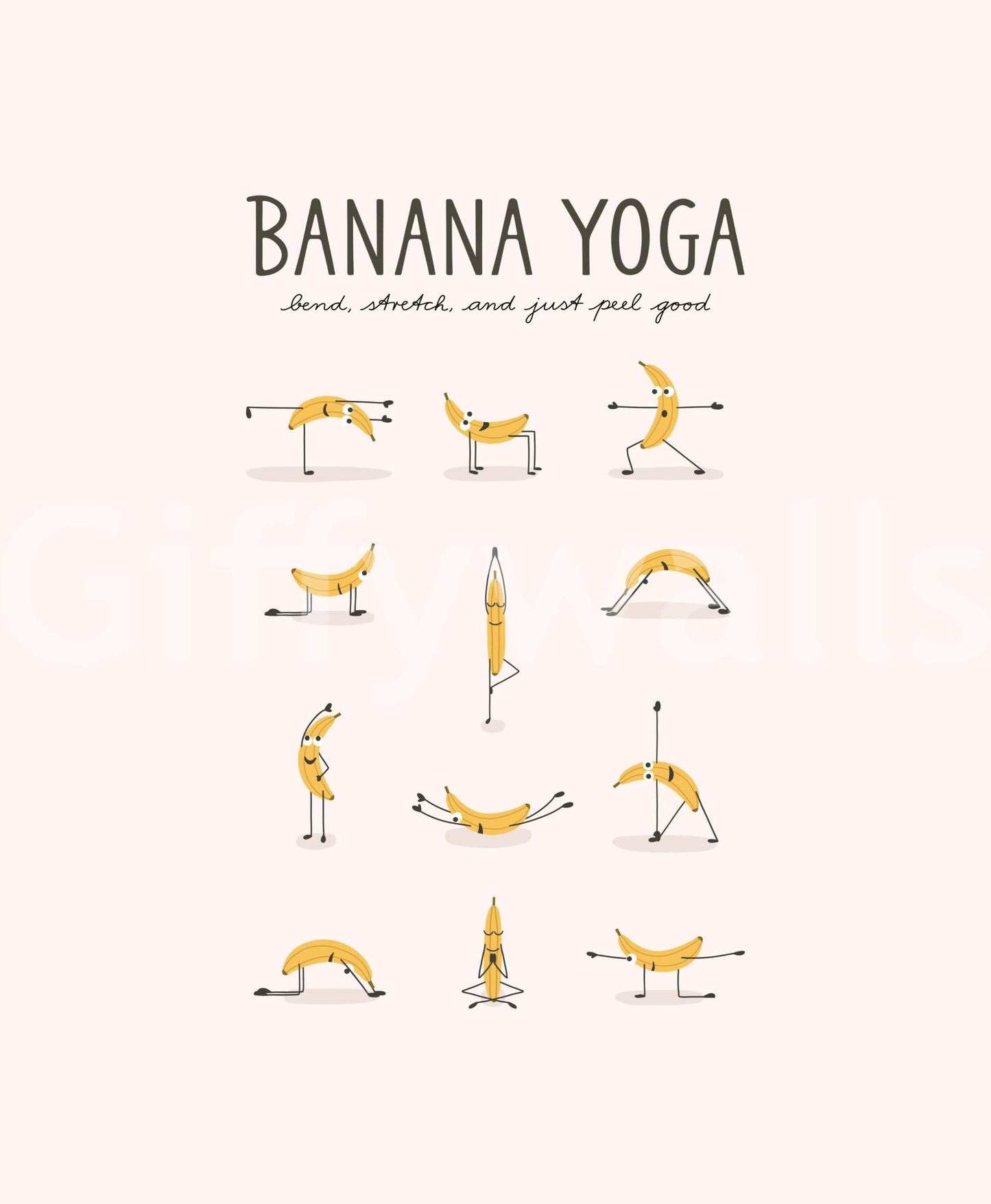 Banana Yoga mural with humor and energy for kids or gyms.