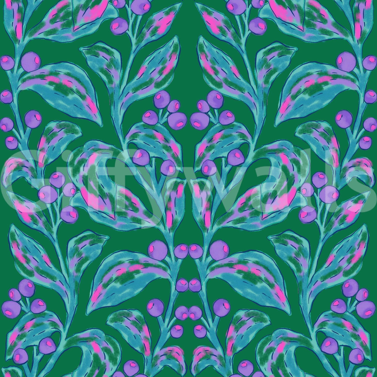 Berry Branch Symphony wallpaper close-up showing teal leaves and purple berries on a deep green ground