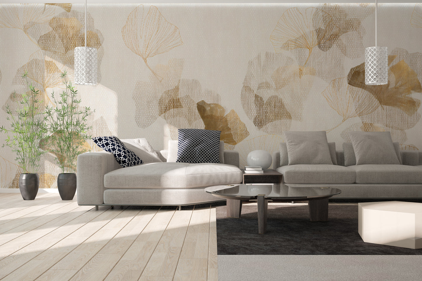 Golden botanical patterns on light beige textured wallpaper
