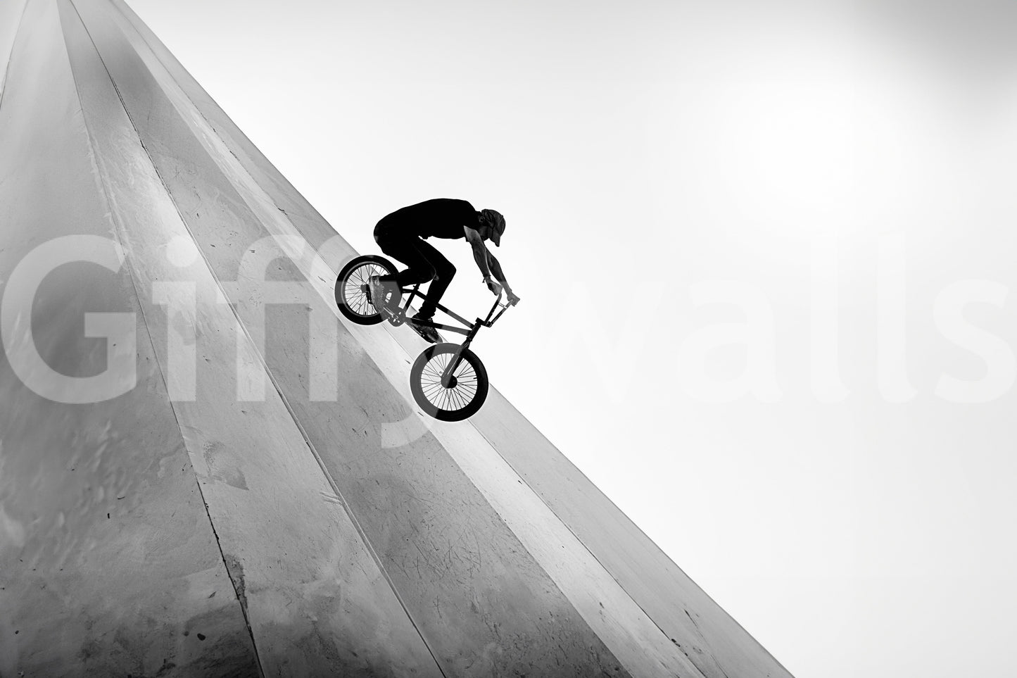 Biker wall mural in black and white showing a BMX rider speeding down a steep wooden ramp against a pale sky