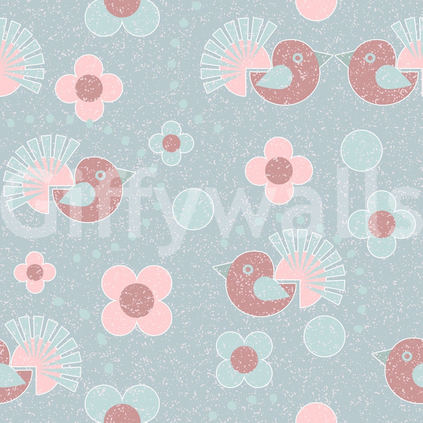 Birdie Blooms: Pastel Pop wallpaper close-up showing the pattern detail of mauve birds and pink flowers on dusty blue