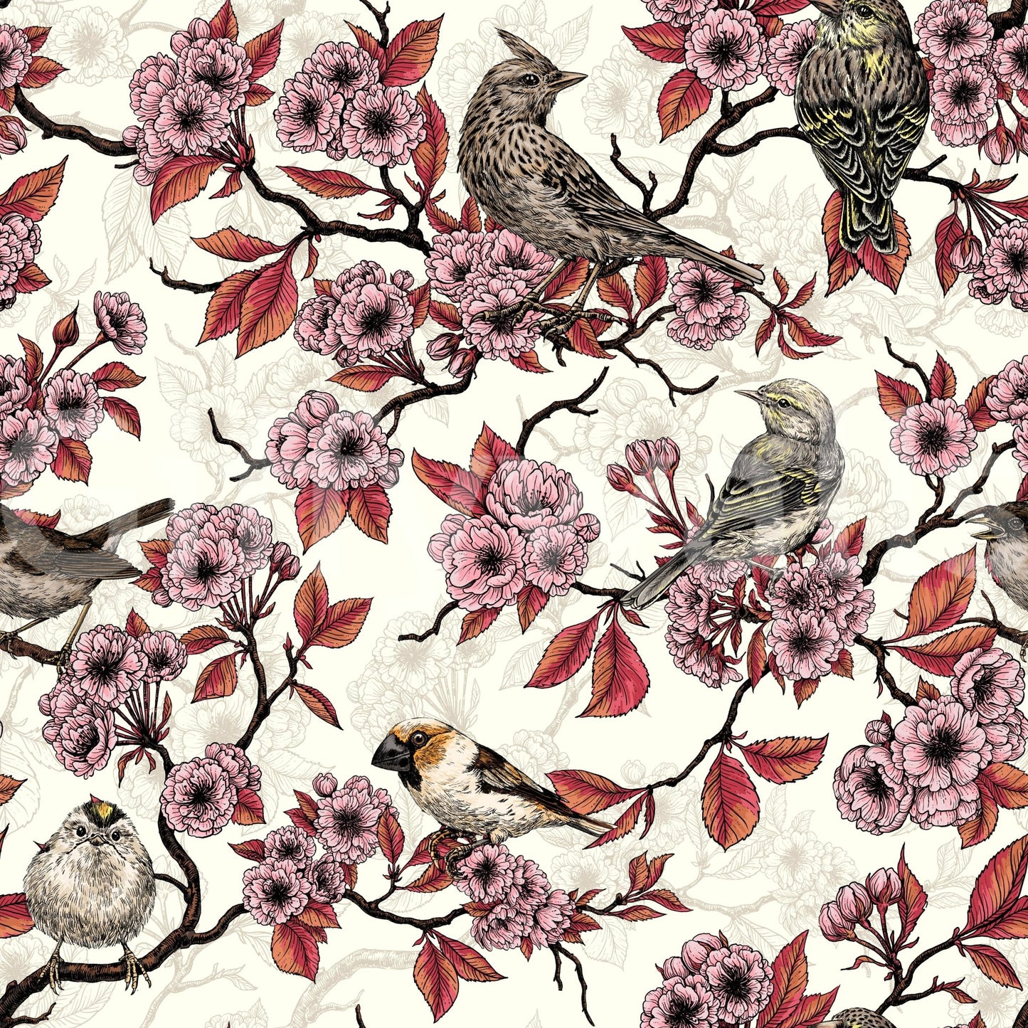 Ivory wallpaper with birds and cherry blossom branches