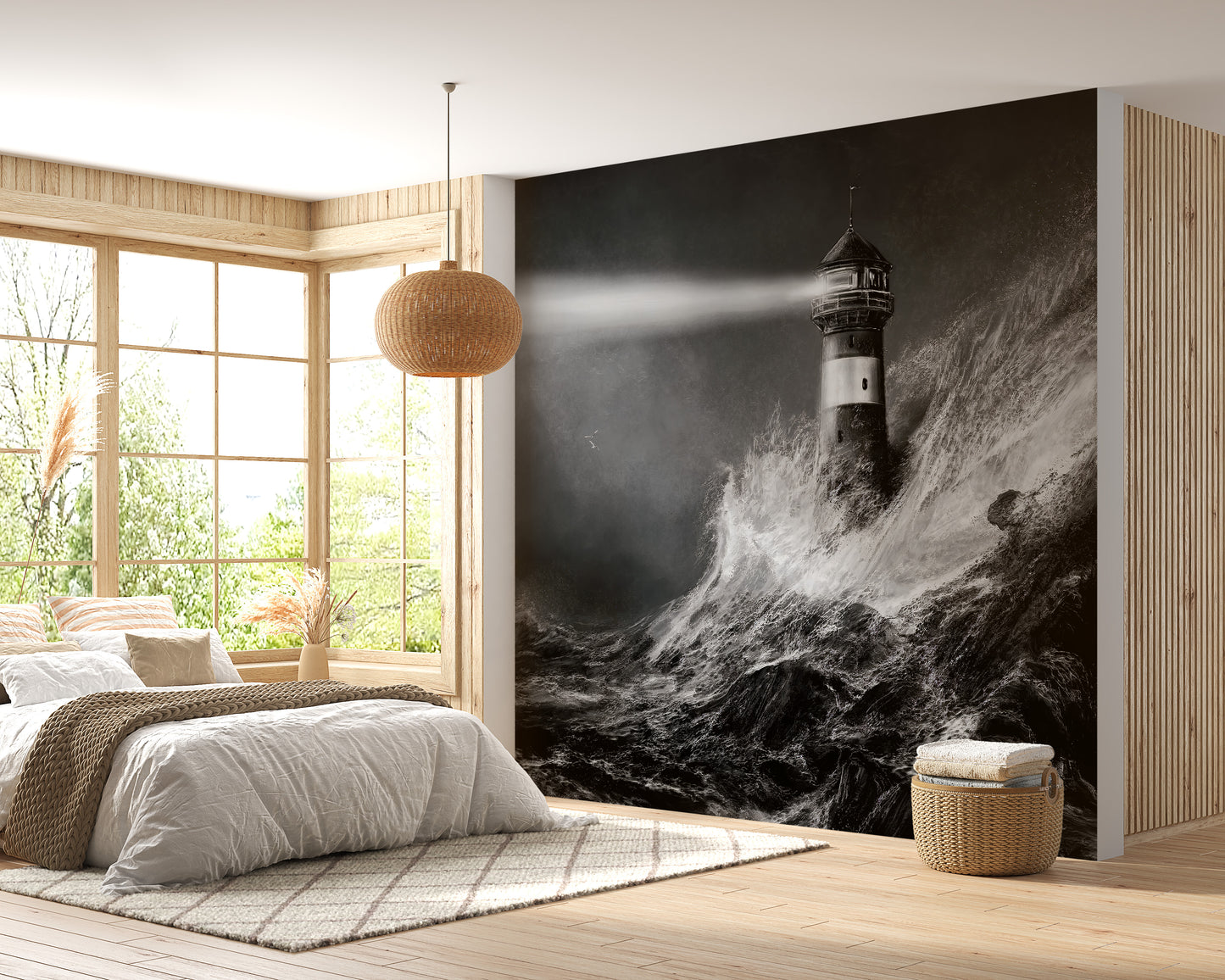 Black-and-White Lighthouse in Sea