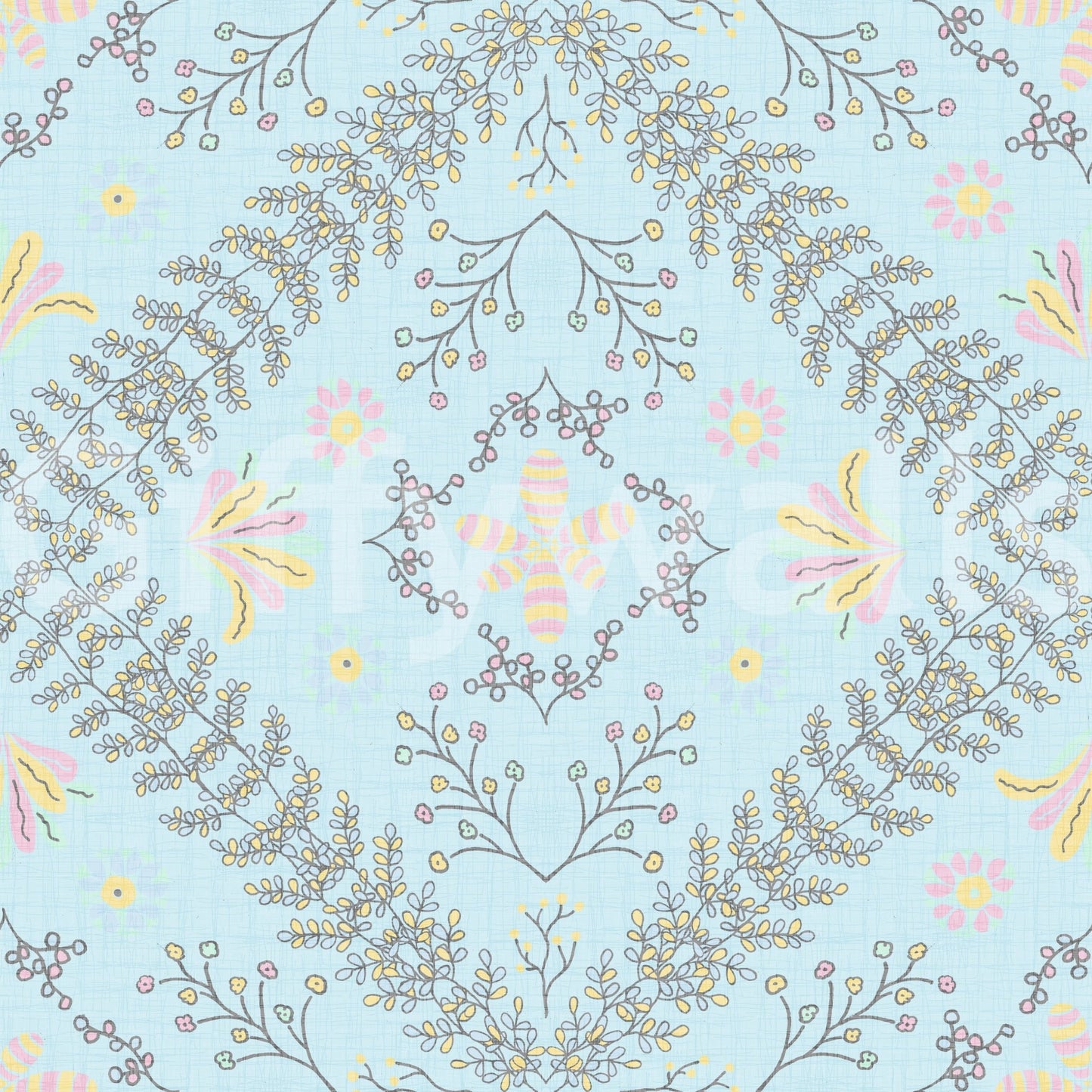 botanical motifs on a blue background