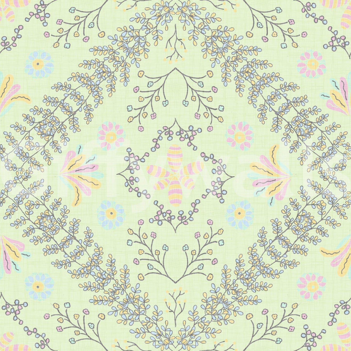 botanical motifs on a green background