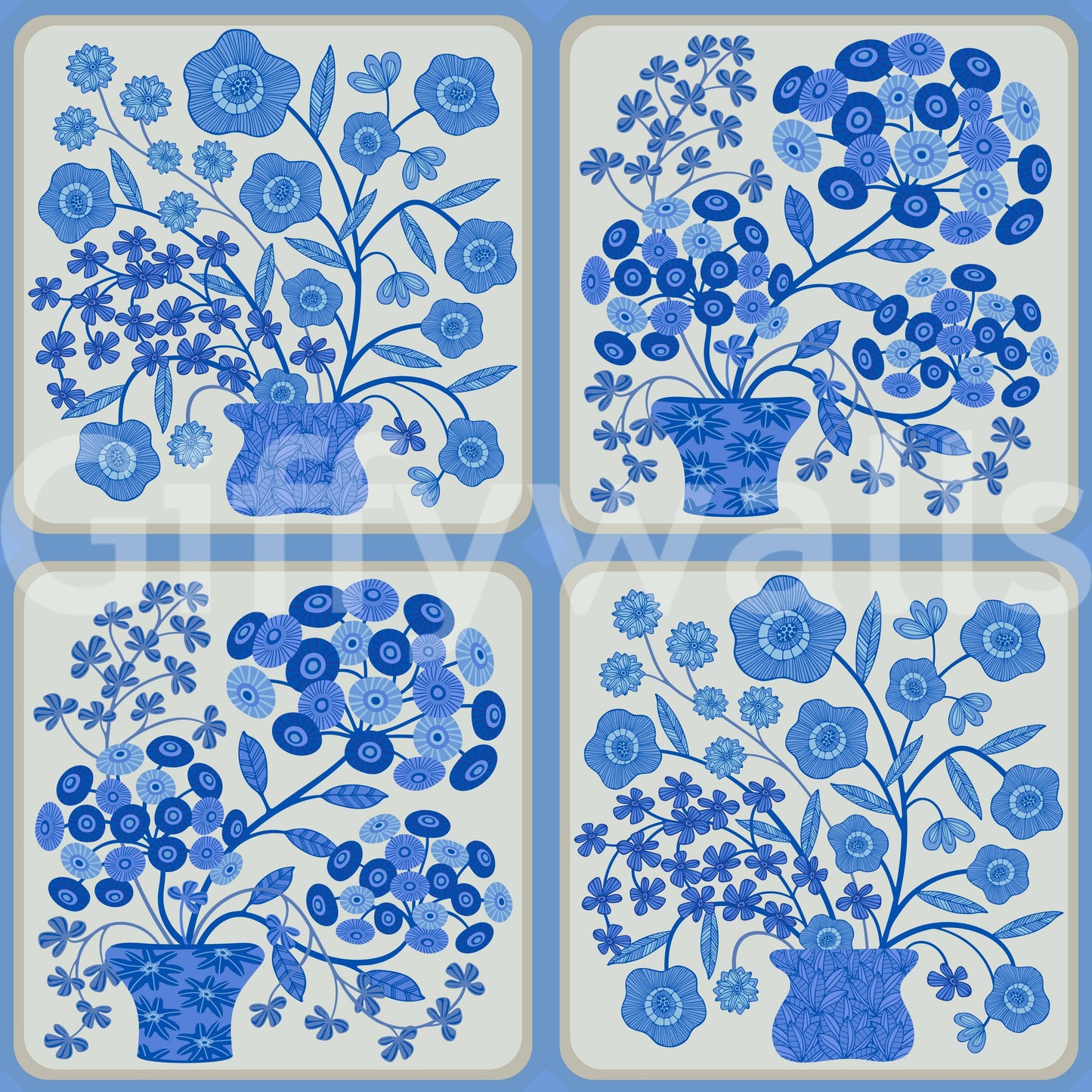 Floral tile pattern wallpaper for bedroom accent wall, light blue bouquets and stems