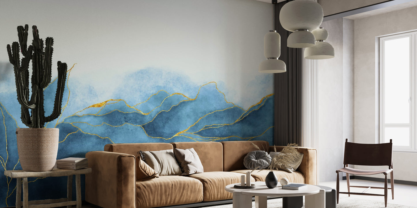 Vibrant lapis lazuli style hallway wallpaper mural with radiant gold accents.