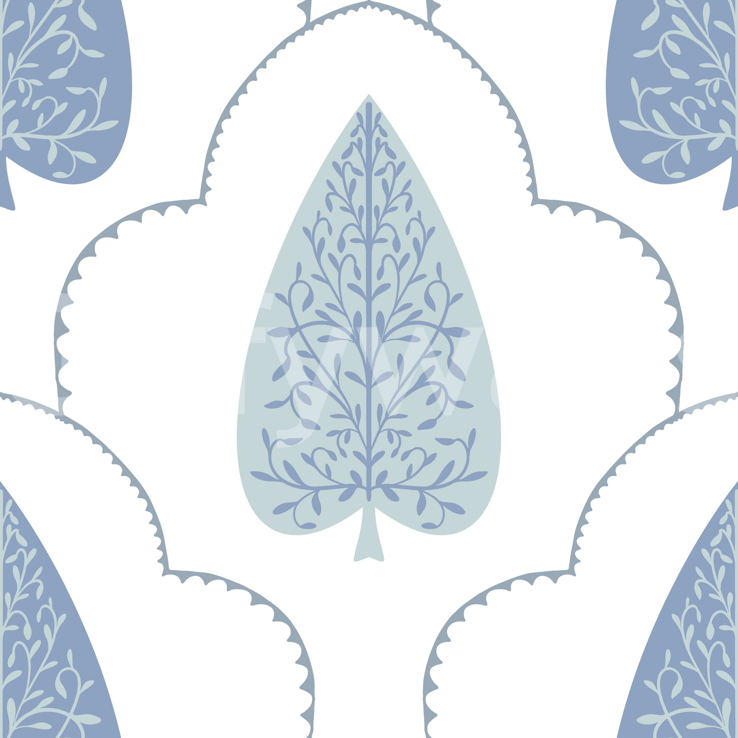 Scalloped Blue Botanic Arbor mural, repeating geometric frame.