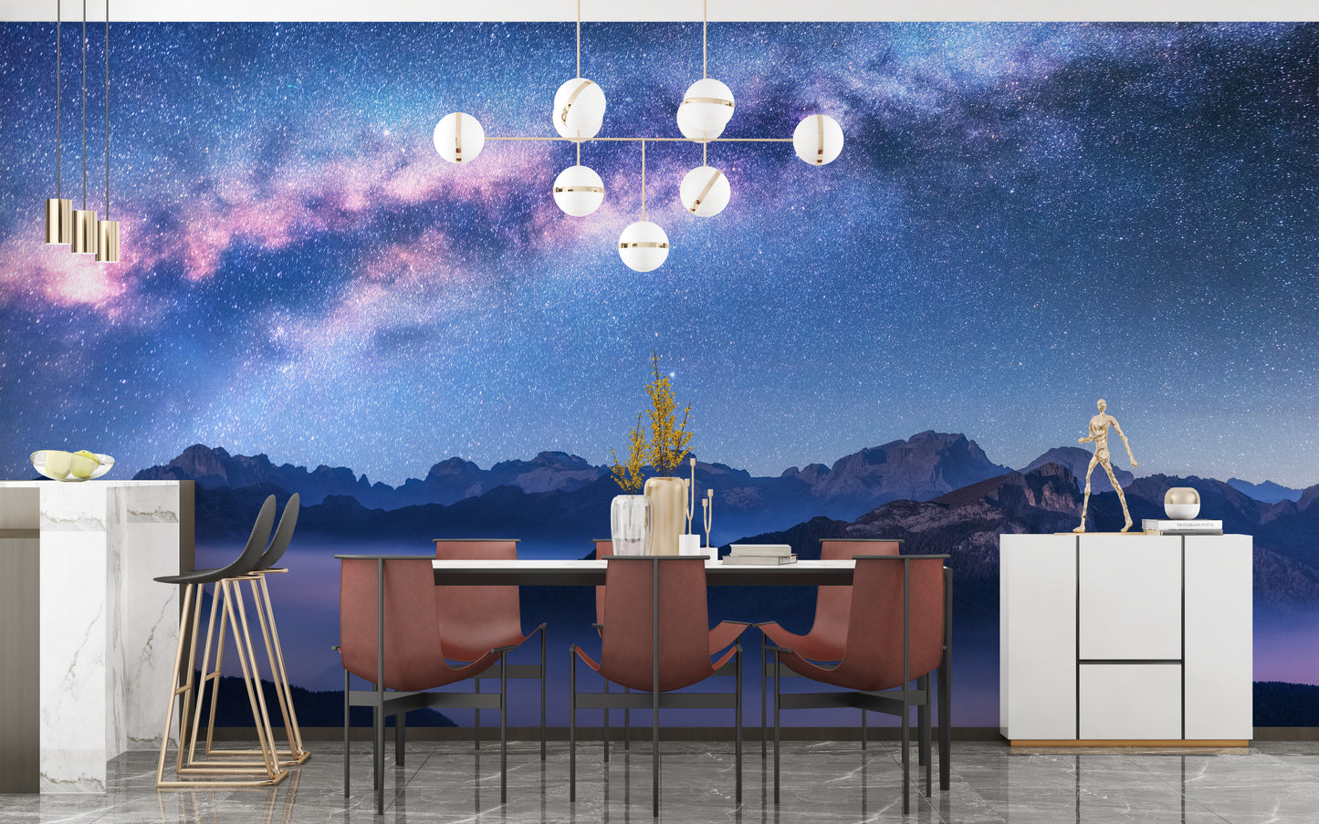Starry Milky Way mural with foggy hills