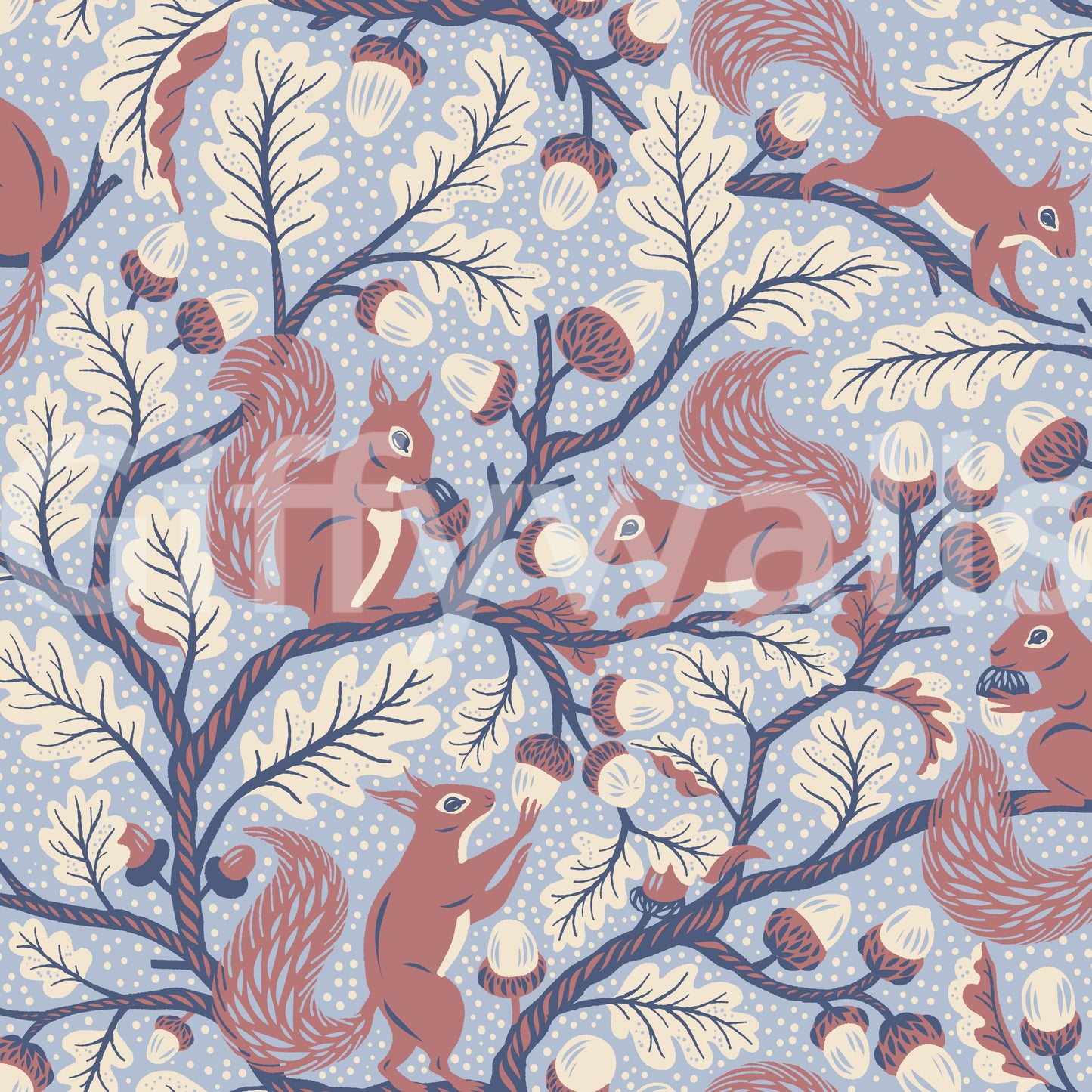 Squirrels in Oak tree blue wallpaper with rust squirrels among cream oak leaves and acorns on periwinkle