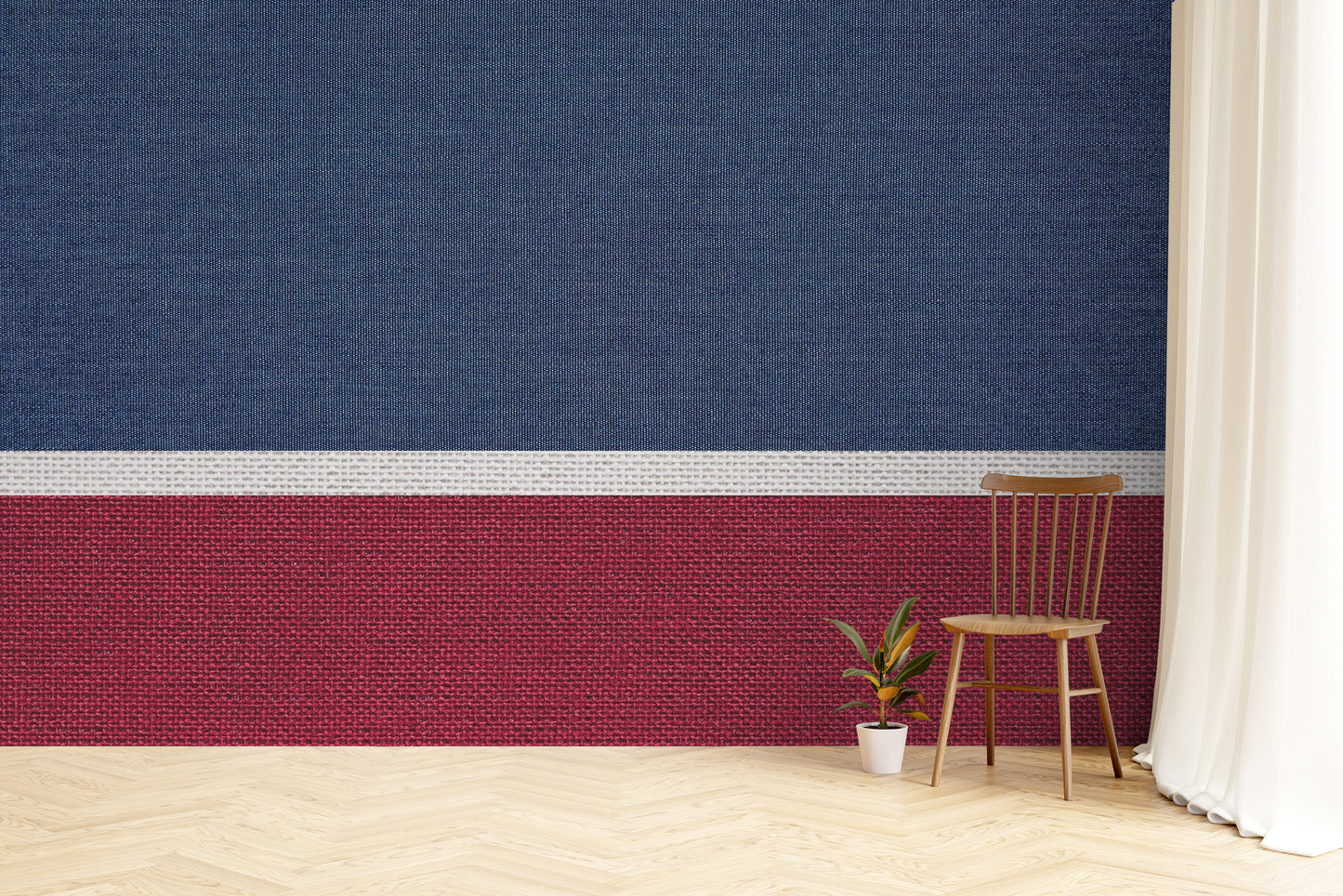 Contemporary bicolor fabric wallpaper with depth.
