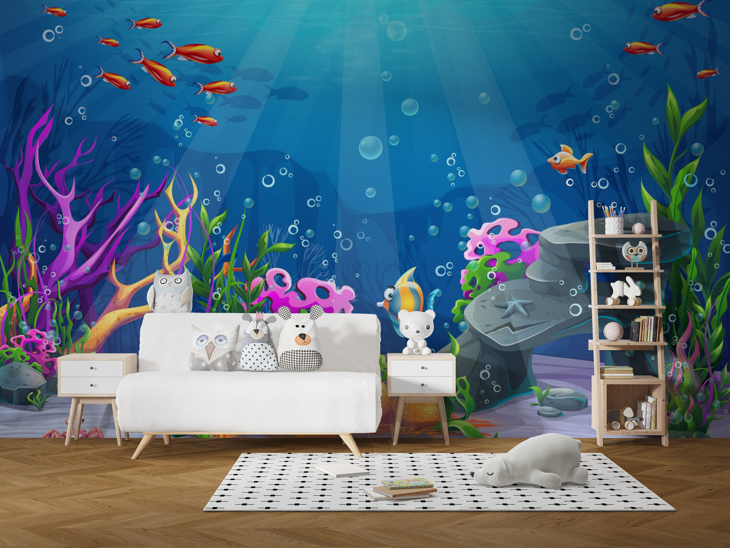 Stunning underwater reef mural with bubbles