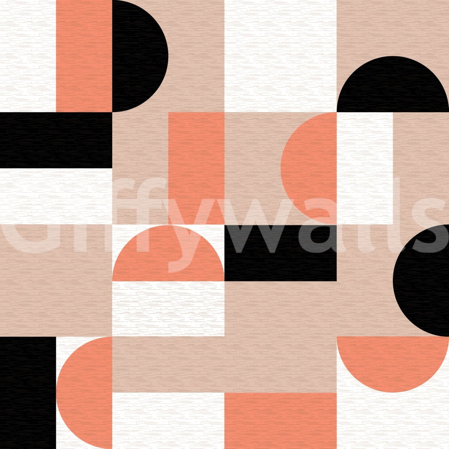 Blush Geometry wallpaper close-up showing the coral, blush and black half-circle and square pattern detail