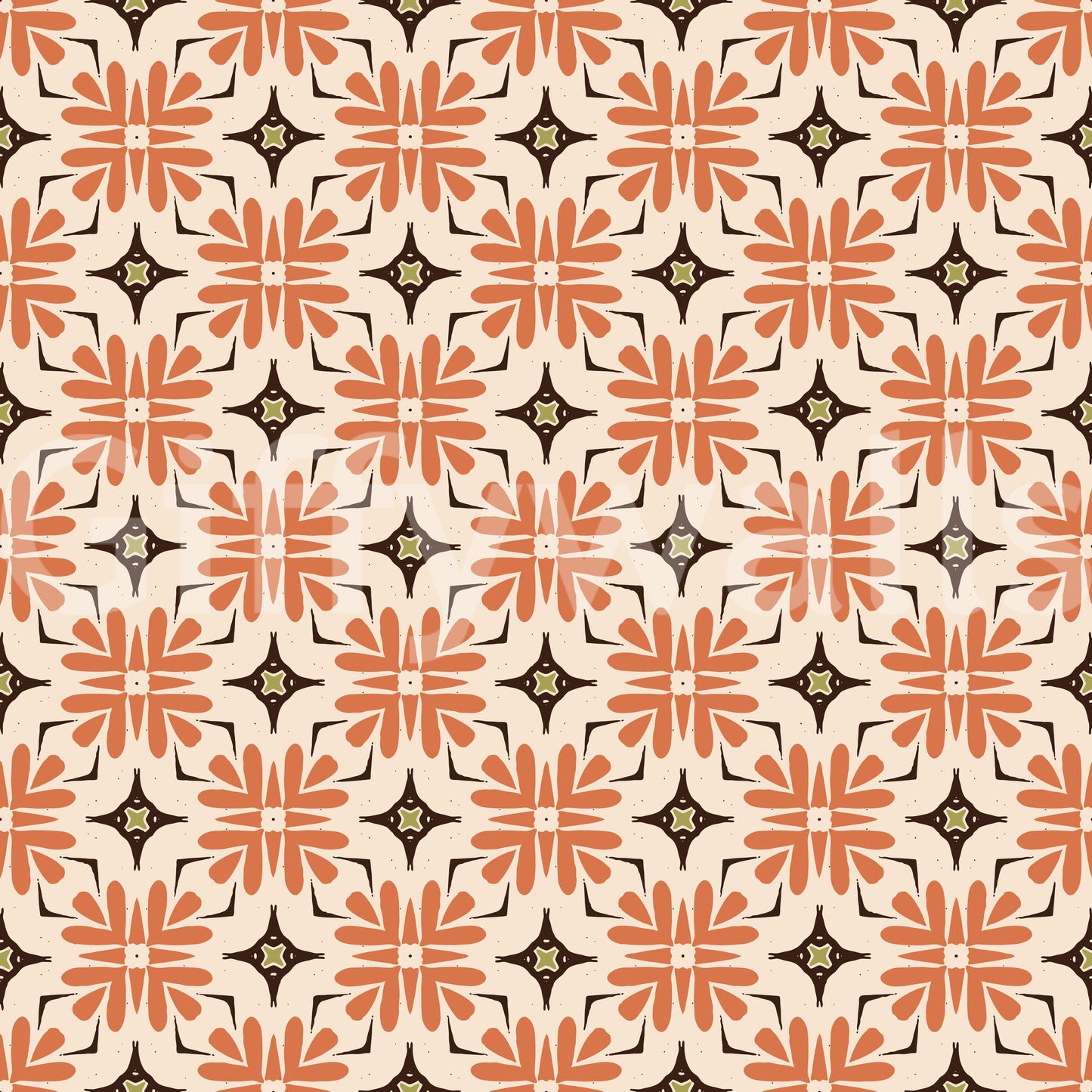 Bold orange geometric wallpaper with a boho floral design.