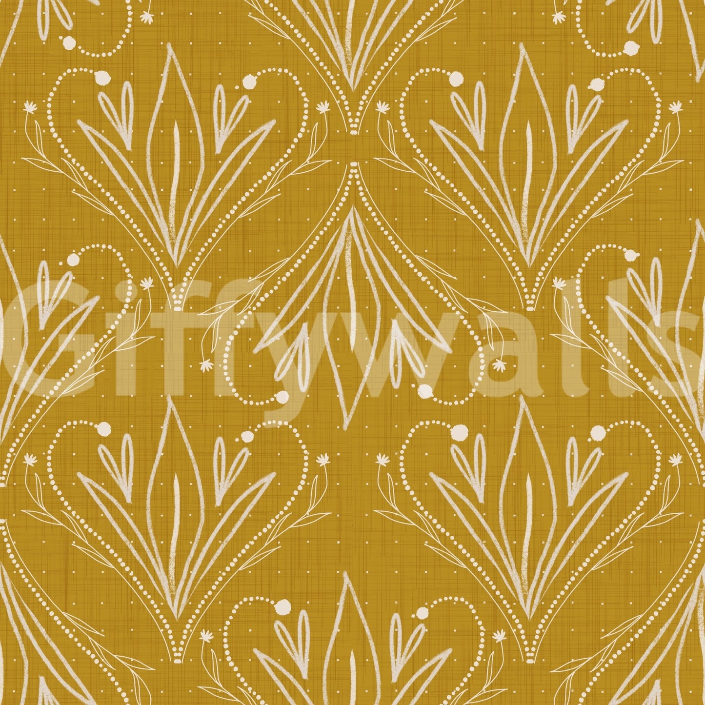 Boho Art Nouveau Folk Floral Mustard Gold wallpaper close-up showing cream folk floral motifs on gold