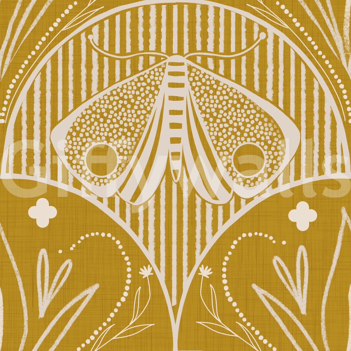 Boho Art Nouveau Scallop Butterfly Floral in Mustard Gold Wallpaper