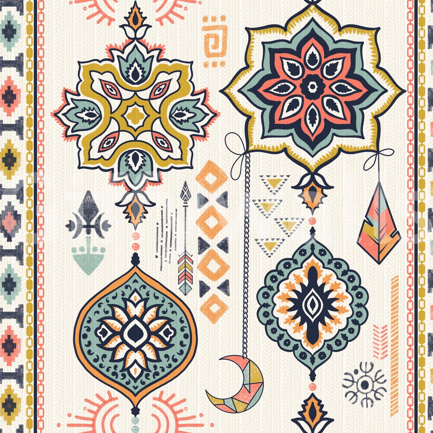 Boho Charms wallpaper close-up showing gold, teal and coral mandala medallions with crescent motifs