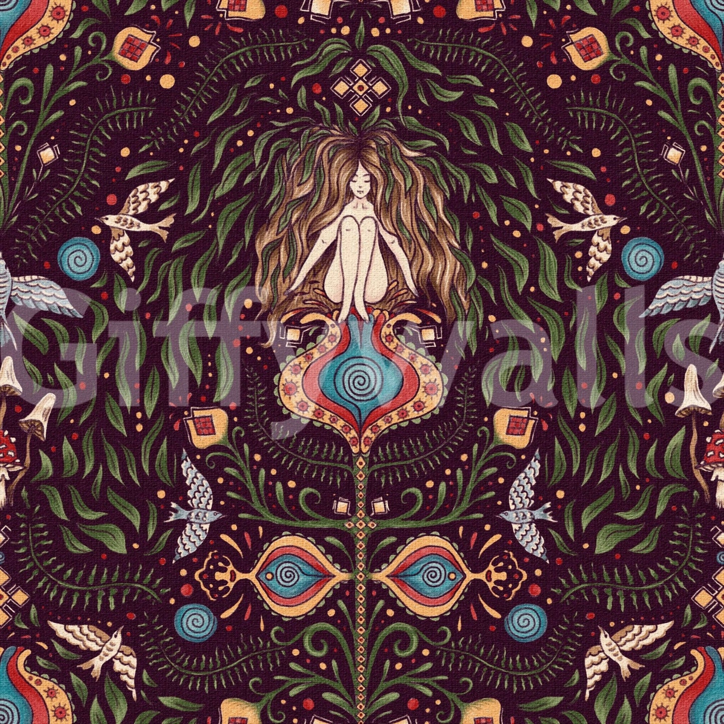 Enchanted forest wallpaper featuring stylized plants, animals, and symbolic boho shapes.