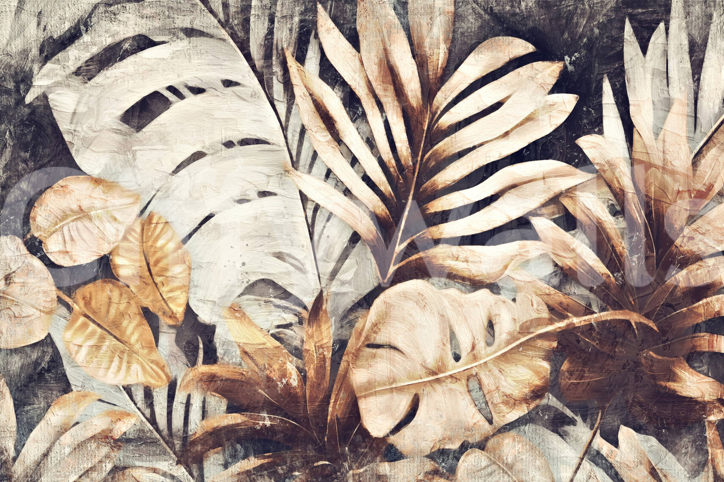 Botanical Echo wallpaper mural close-up showing painterly tropical leaves in terracotta, gold and cream on a dark ground
