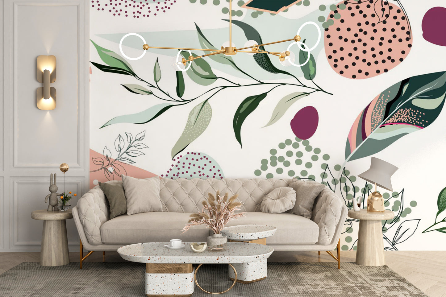 Vibrant tropical leaf wallpaper mural with a contemporary abstract edge.