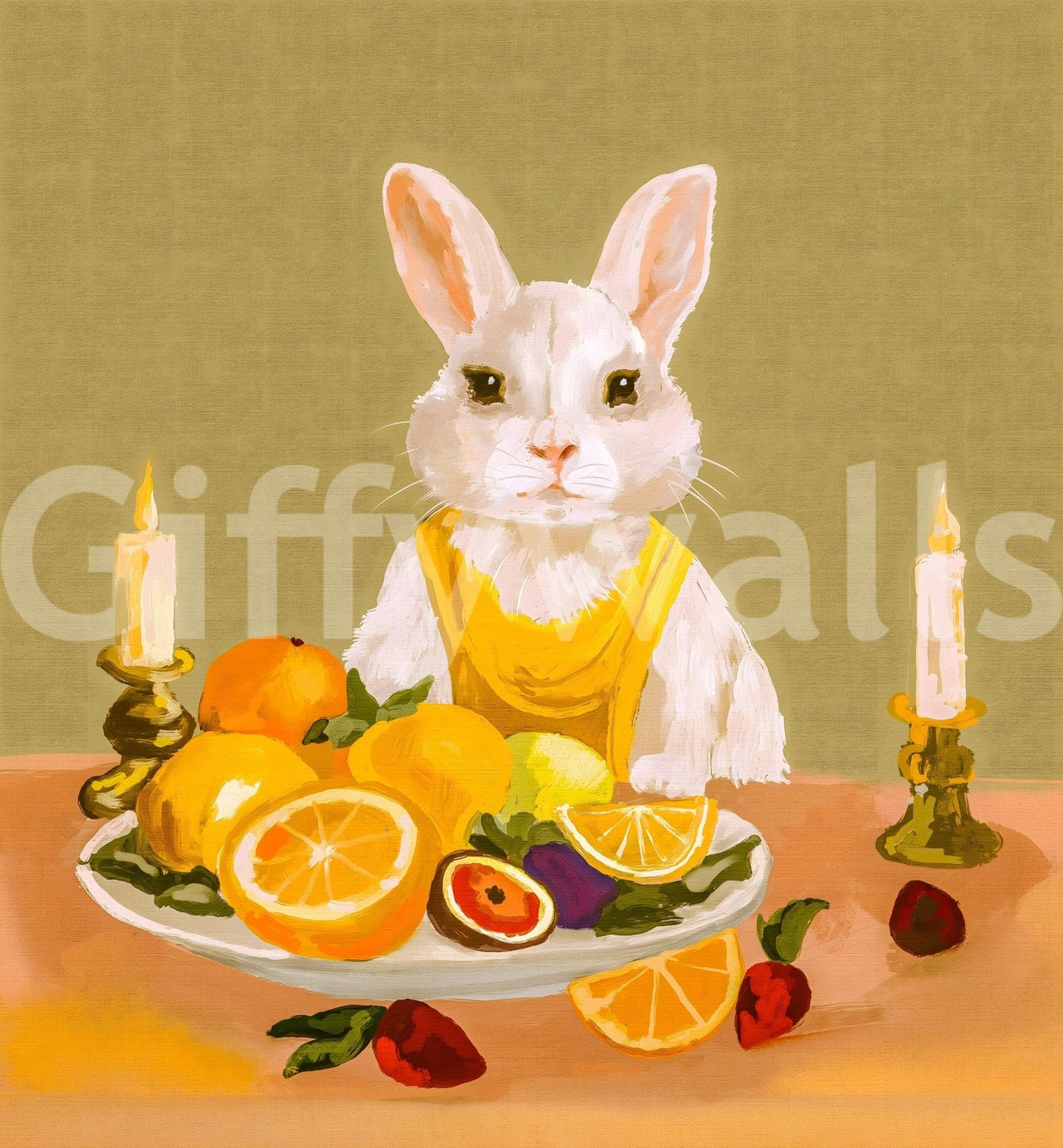 Bunny Candlelight Fruit Dinner Oil Painting Wall Mural