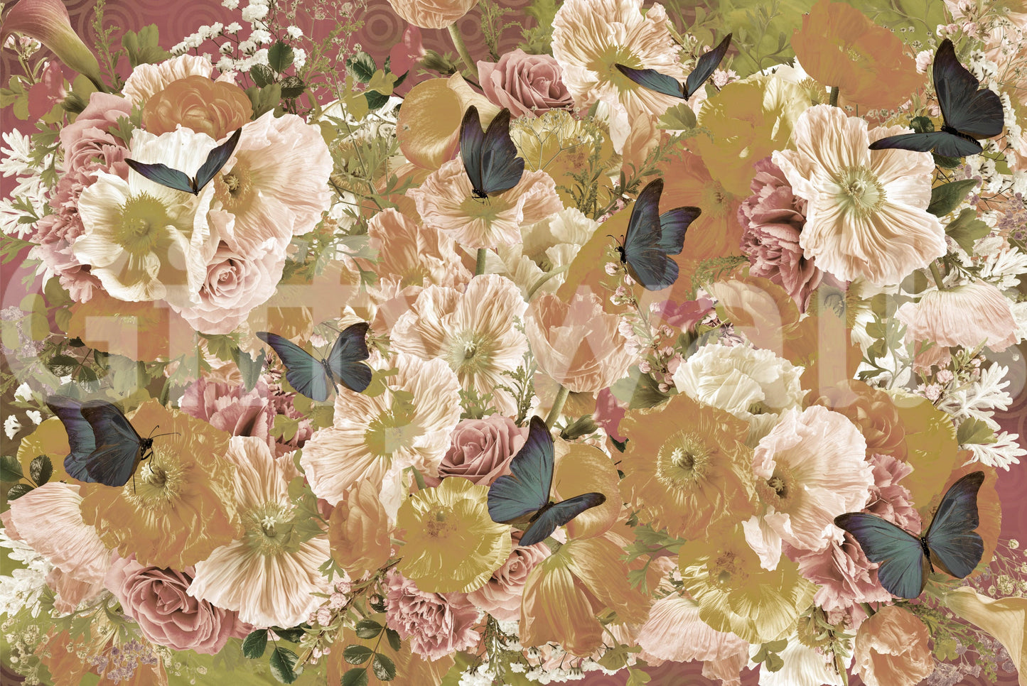 Butterfly Garden Bloom wallpaper mural close-up of peach and blush flowers with blue butterflies in the pattern