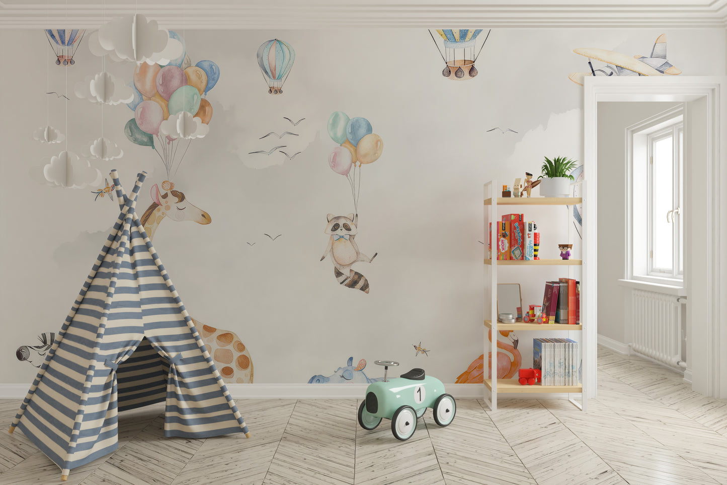 Nursery wallpaper featuring flying balloons