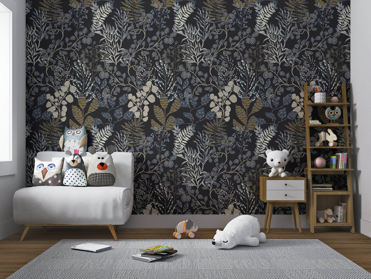 Minimalist Midnight Botanical Gold Leaf Wallpaper