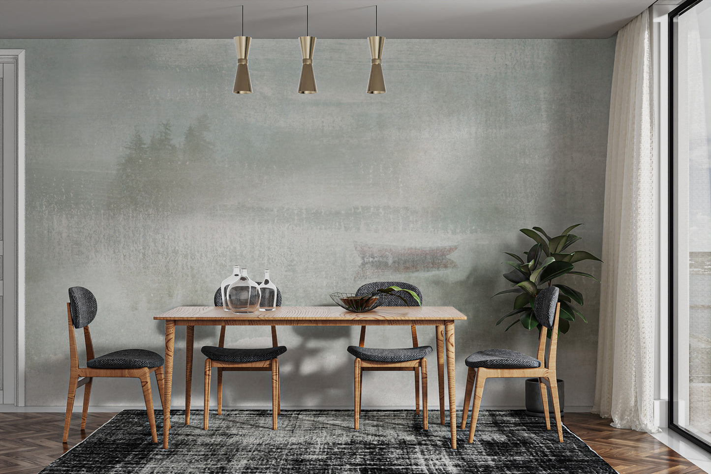 Modern misty lake wallpaper with foggy trees and natural tones