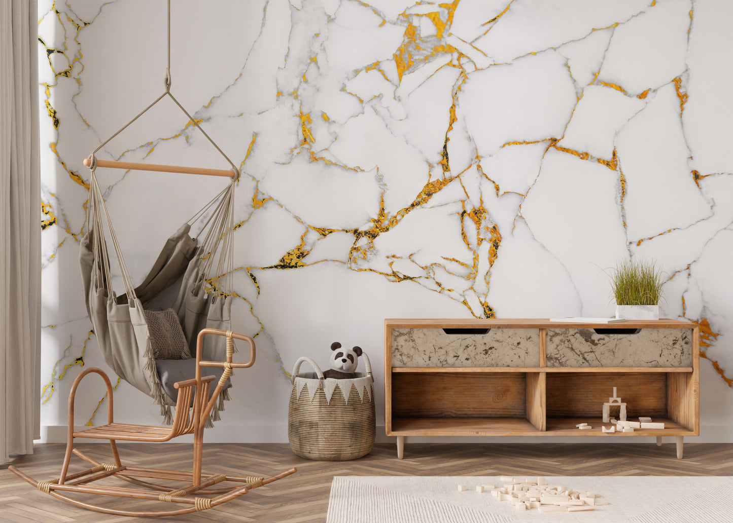 Minimalist Calacatta gold marble mural for refined wall design.