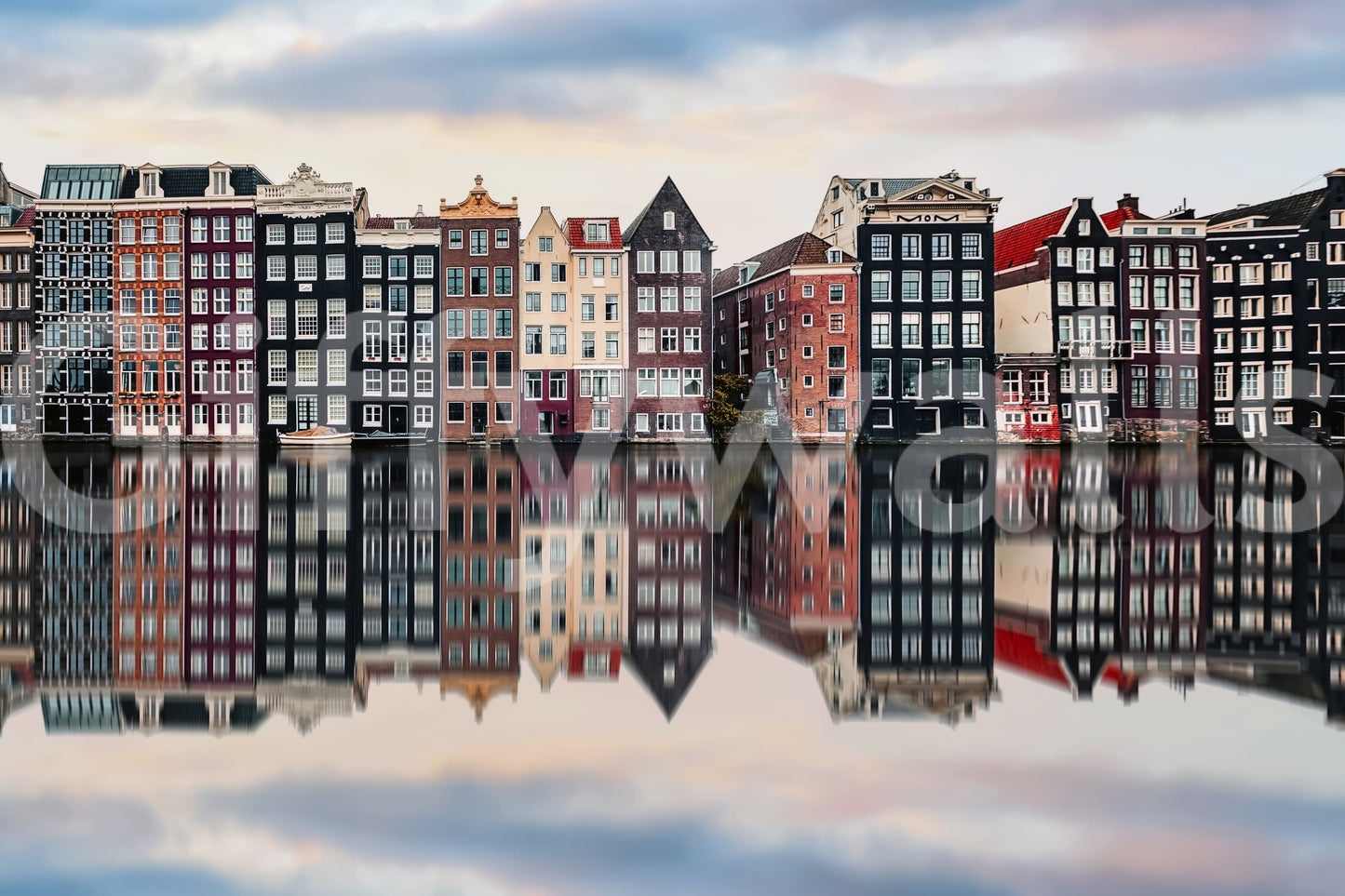 Canal City Calm Wall Mural with gentle lighting over canal, soothing city wallpaper for lounge