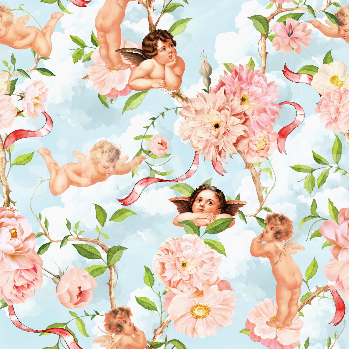 Watercolor-style wallpaper with clouds, blossoms, and floating cherubs.