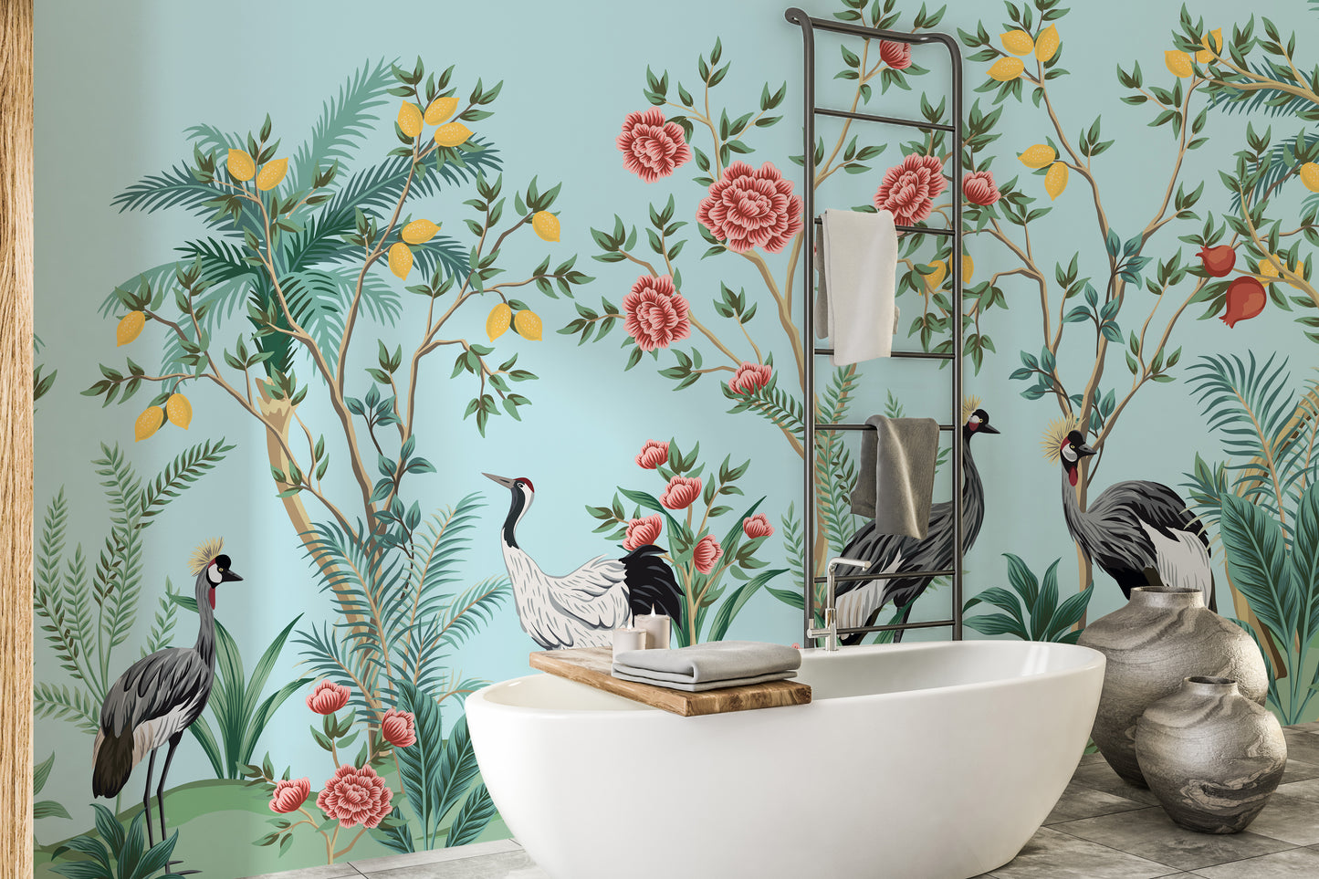 Ornamental floral and bird-themed wallpaper