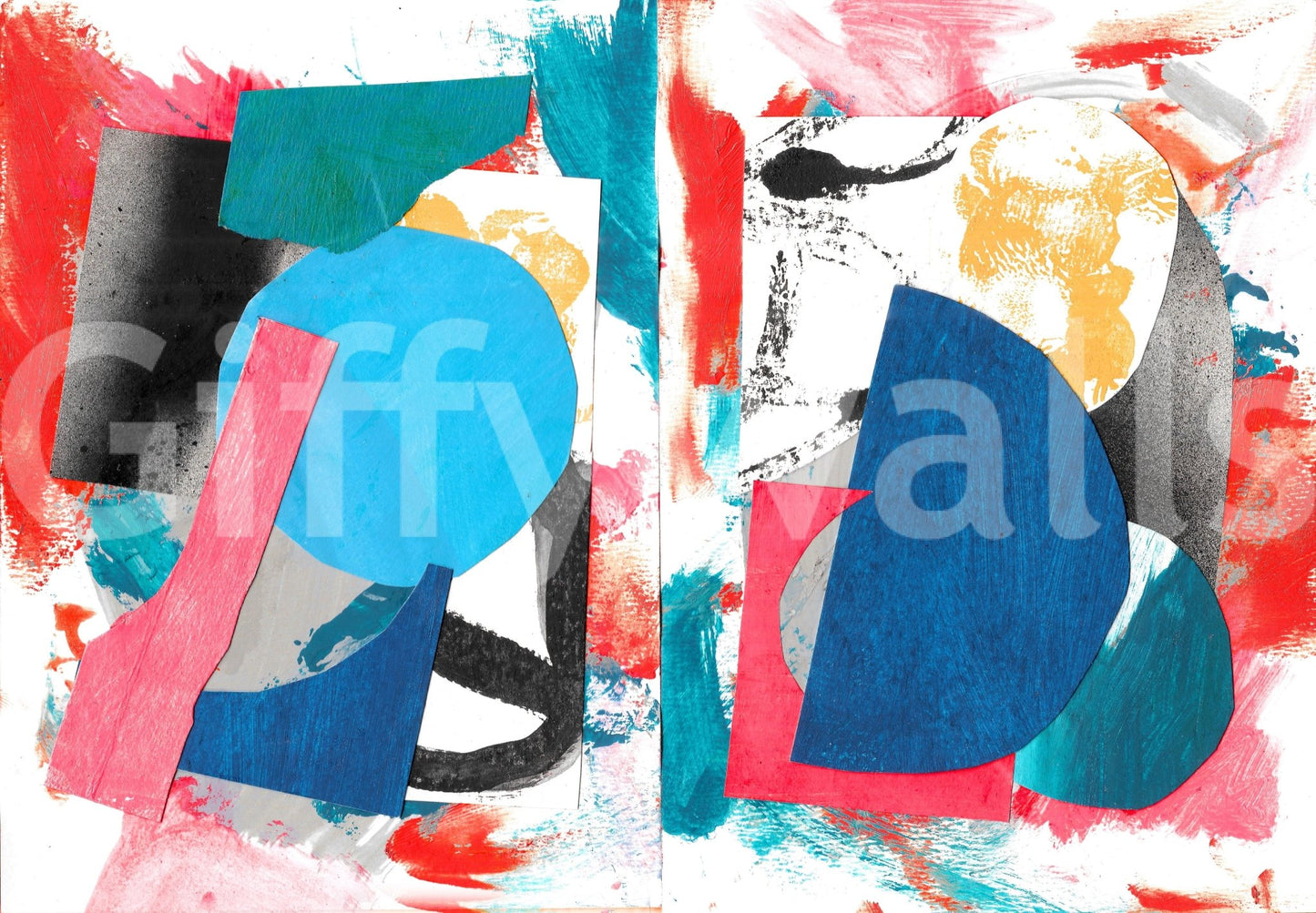 Collage Chaos wall mural shown as a full-wall design of layered blue, pink and teal shapes over painterly brushstrokes