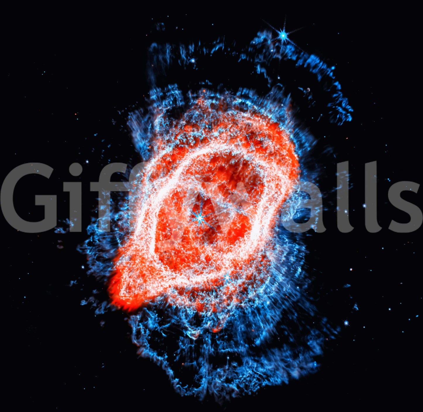 Cosmic Bloom wall mural close-up showing a fiery red-orange ring nebula wrapped in electric blue gas on black space