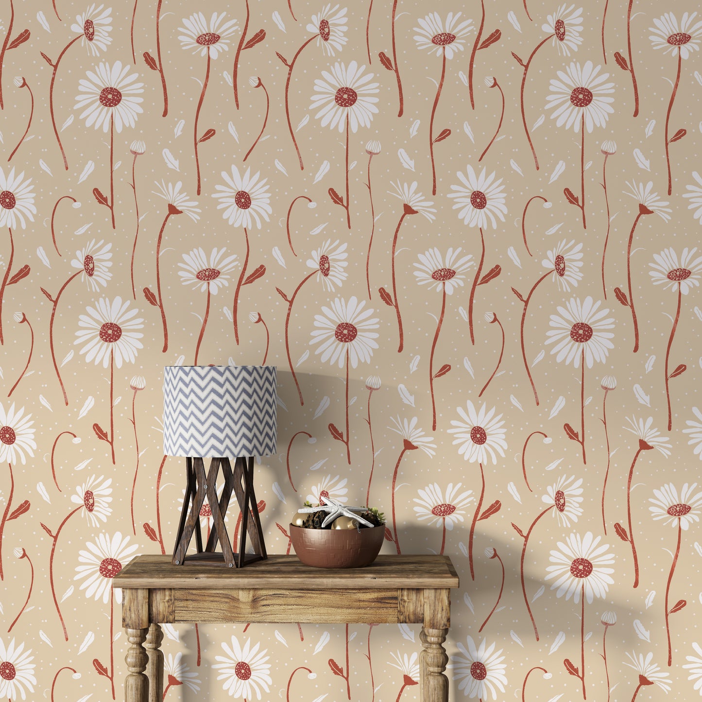 Soft botanical daisy wallpaper in vintage cream hues