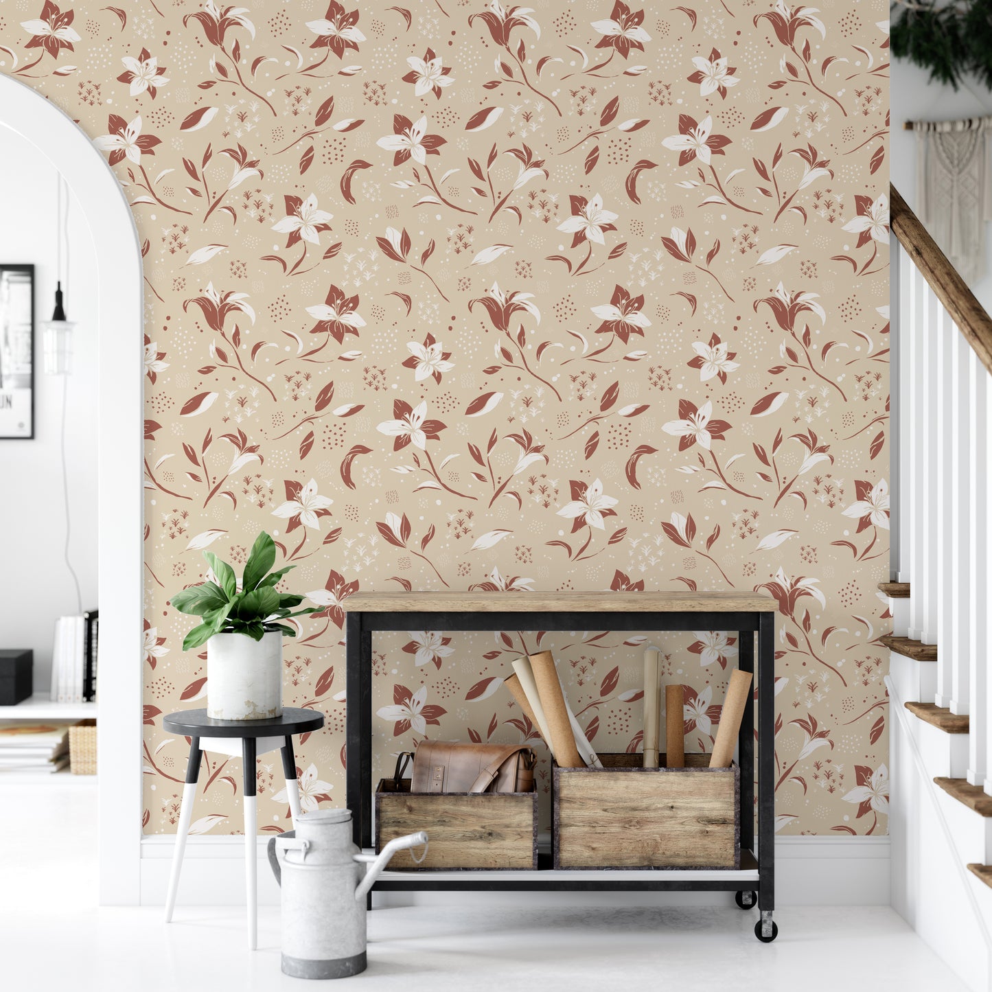 Light floral wallpaper with graceful cream lilies