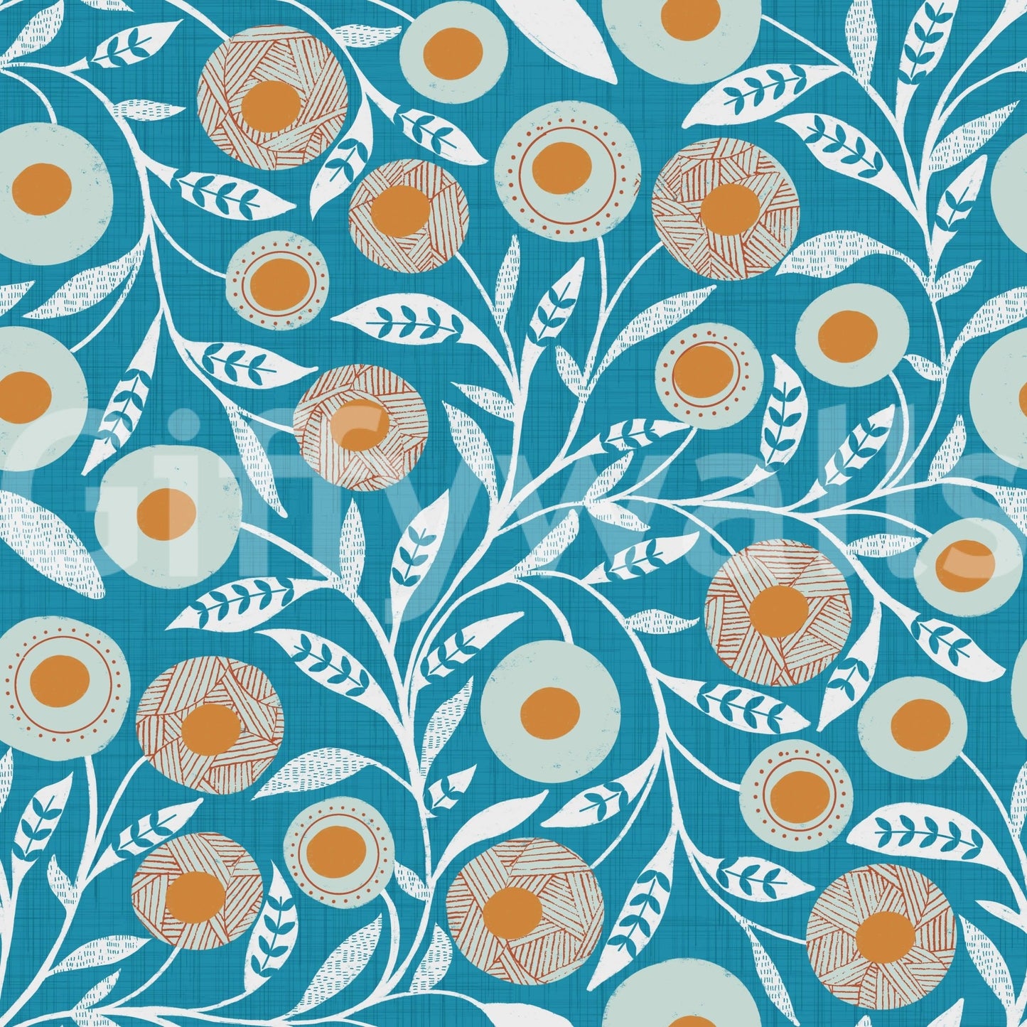 Cozy Scandi Folk Floral Nordic Teal - Craft Botanical Wallpaper