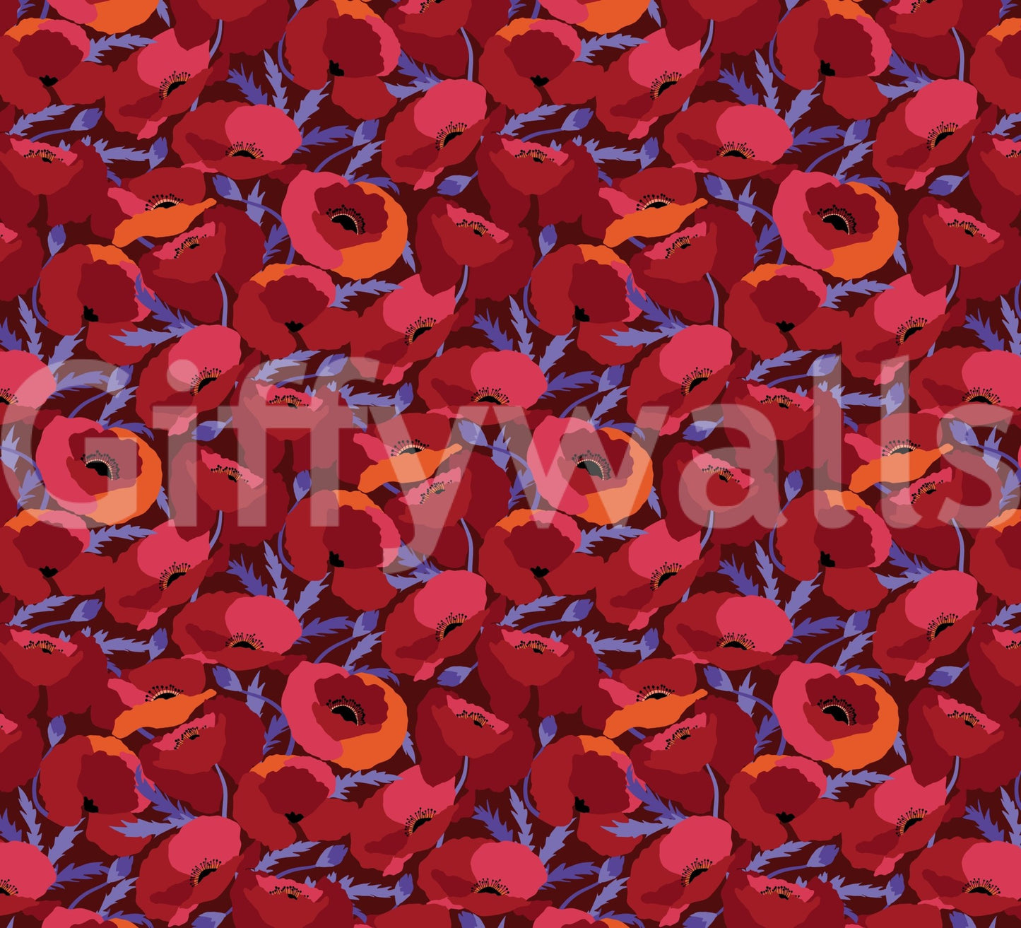 Floral statement mural with crimson red poppies