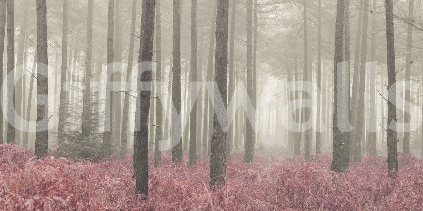 Ethereal tree landscape Crimson Whisper Woods wall graphic.
