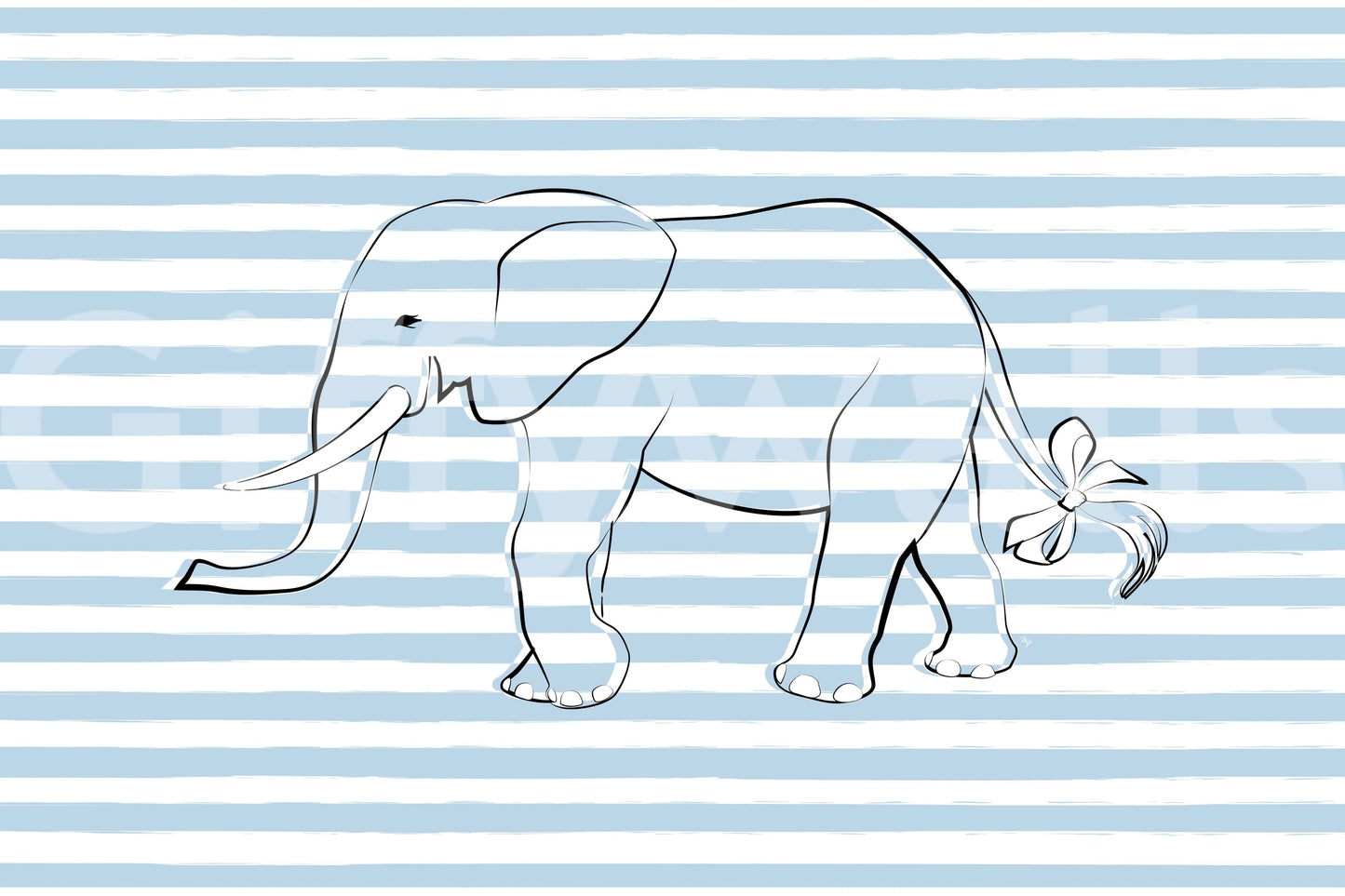 Elephant with a Bow wallpaper mural shown as a full-wall design, a line-art elephant with a bowed tail on blue stripes