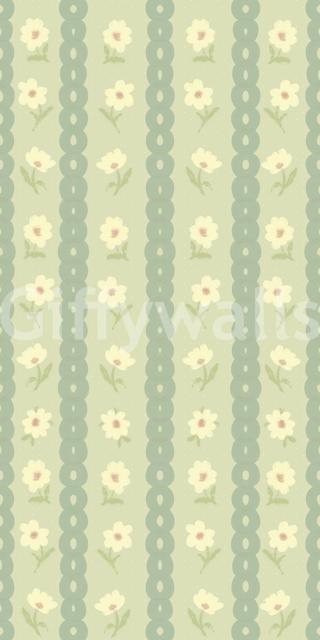 Daisy Chain Delight wallpaper close-up showing cream daisies on sage green scalloped stripes