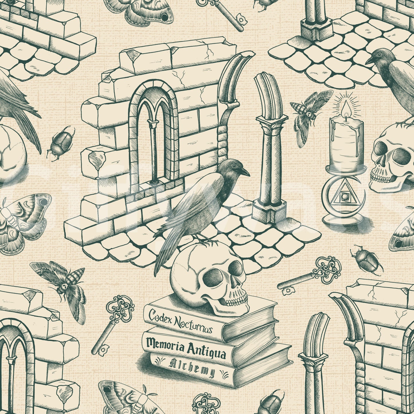Ivy green wall design with detailed toile illustration