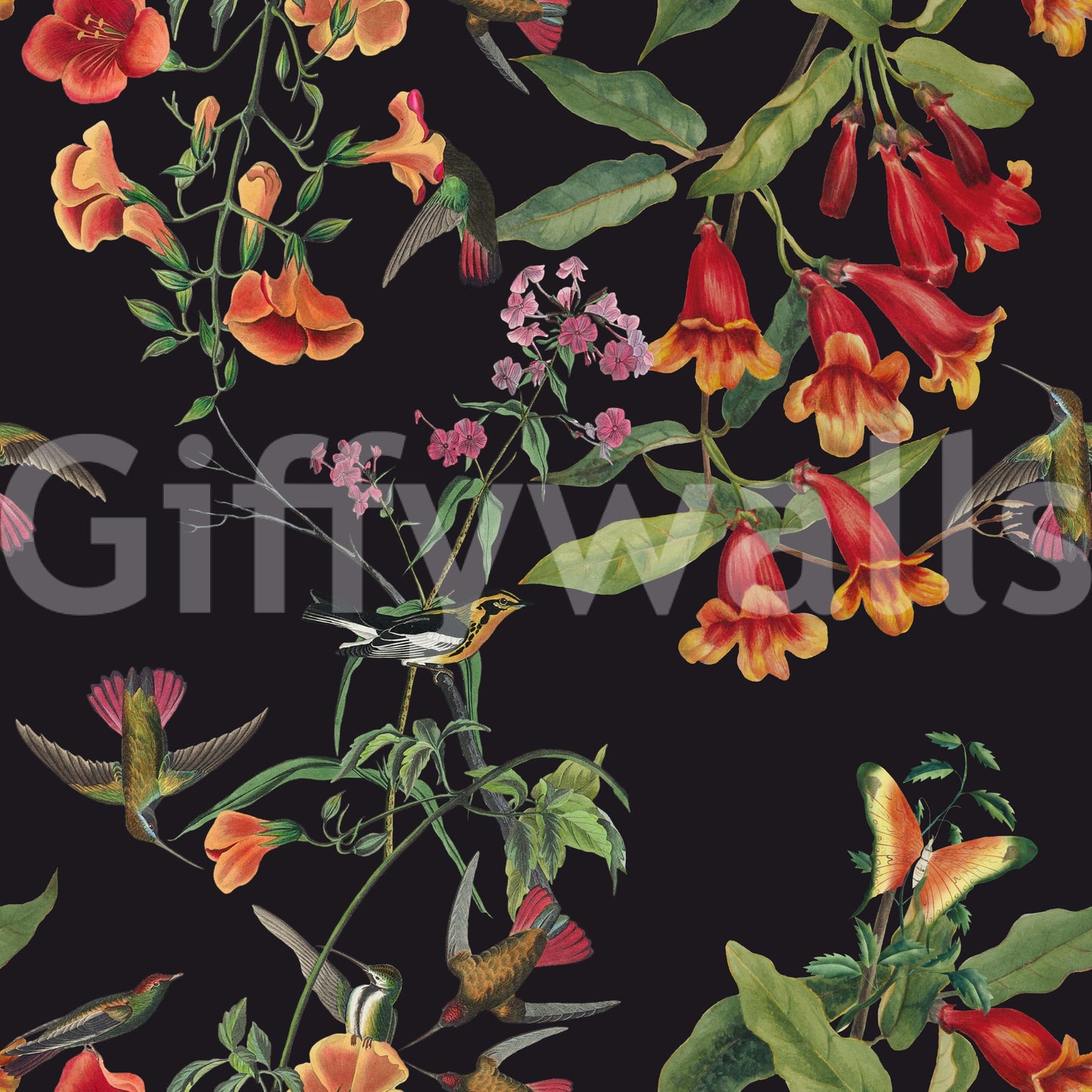 A high-quality dark botanical wall mural for walls.