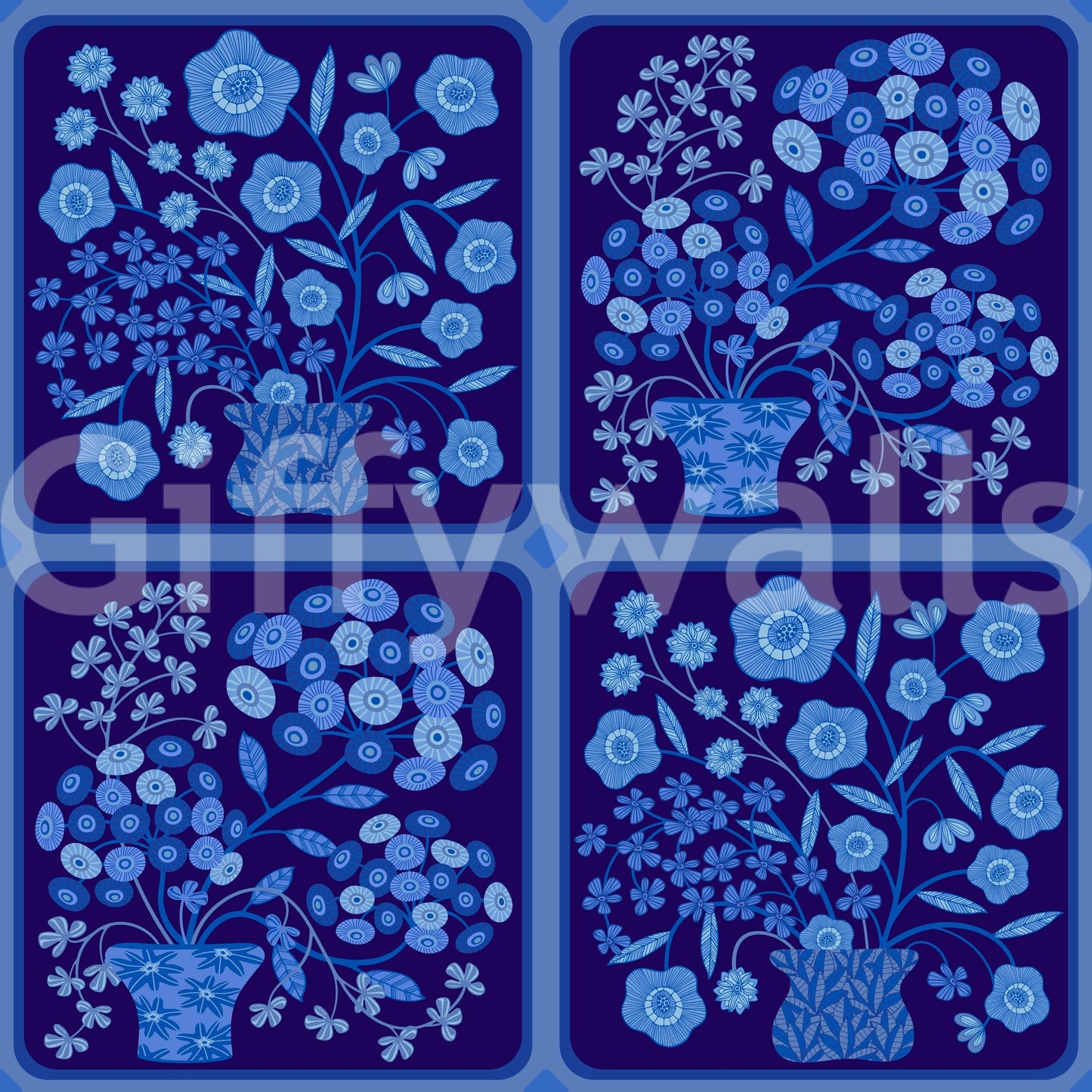 Hallway wall decor using blue and white floral tile wallpaper, bouquet repeats, clean structured design