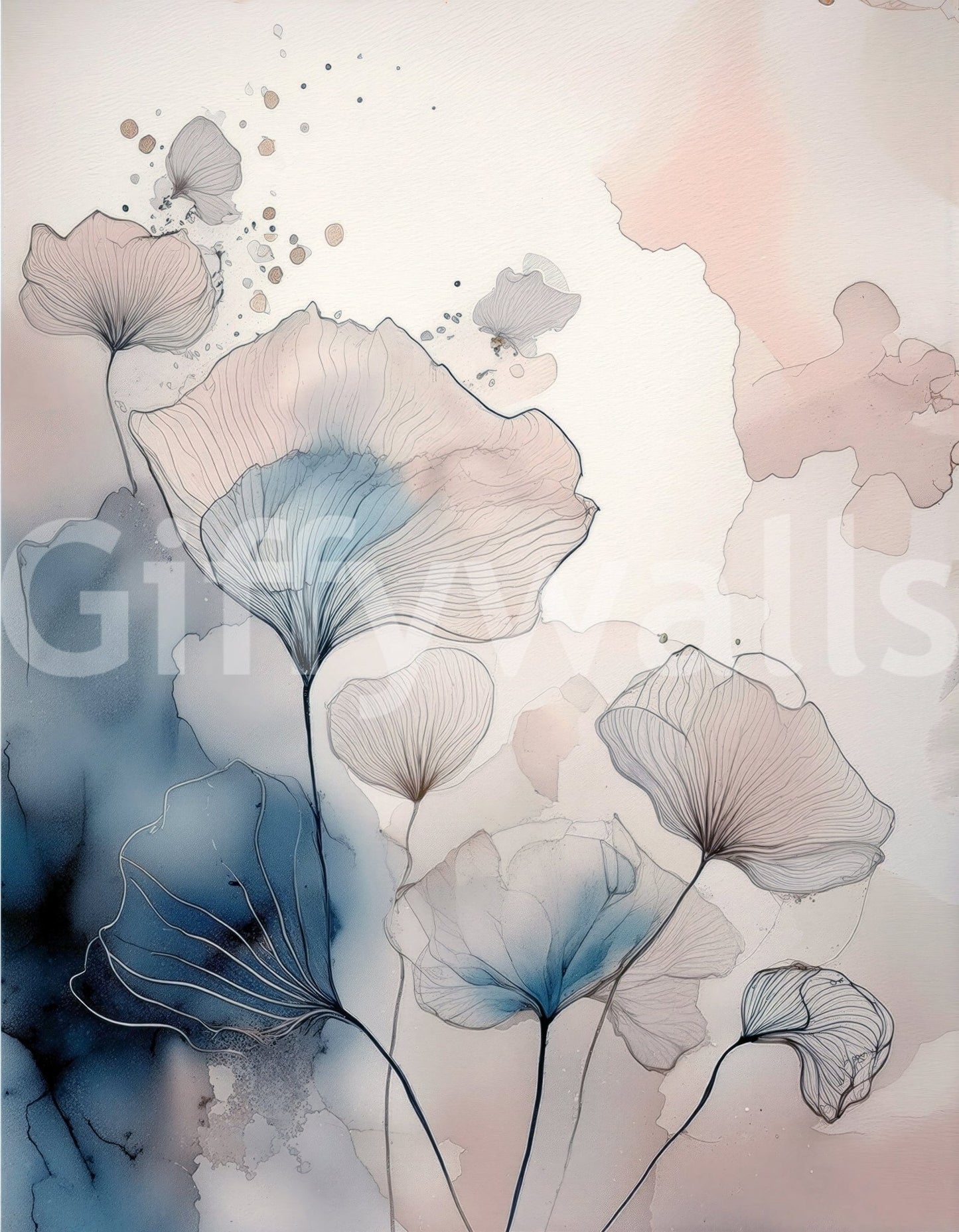 Delicate Floralscape wallpaper mural artwork of blue and blush ink poppy petals on a cream and navy wash