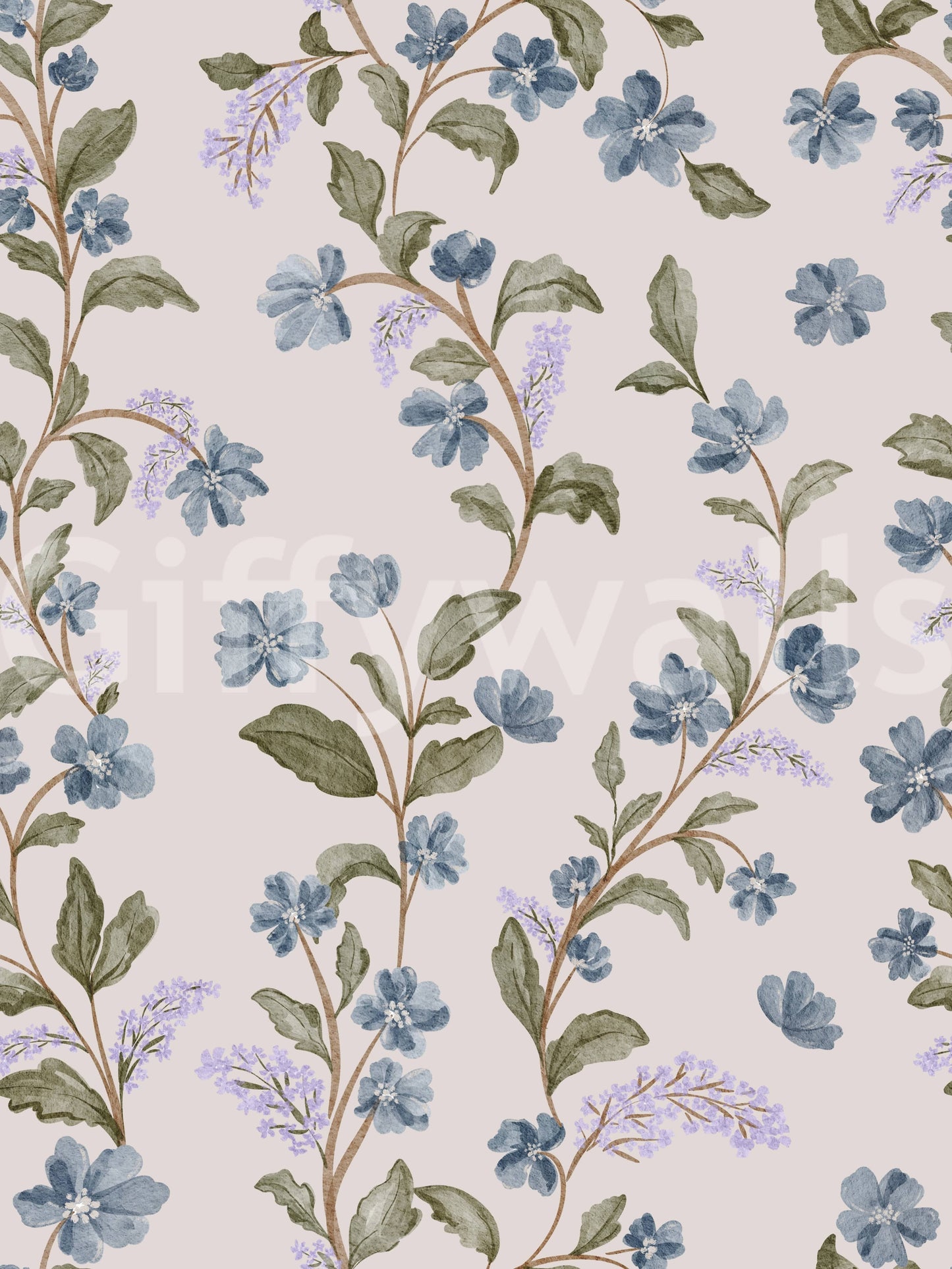 Artistic delicate blossoms on Denim Dreams Floral wallpaper.