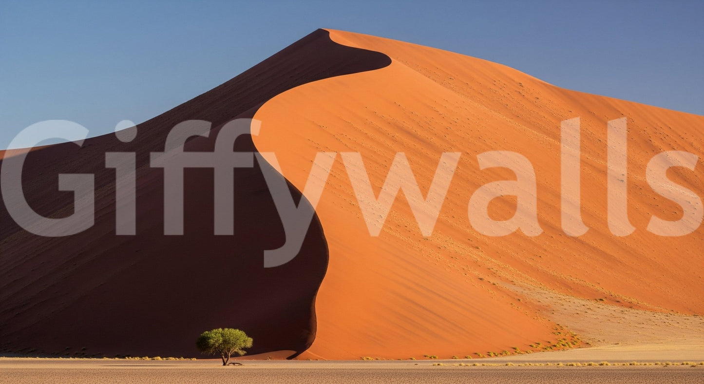 Studio backdrop with desert landscape mural, beige tones, minimal modern interior styling
